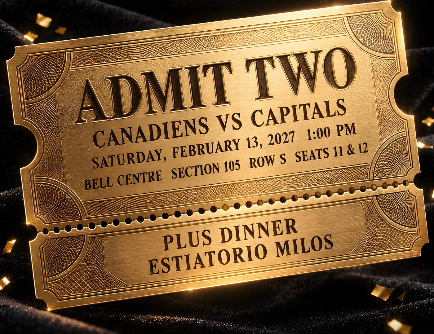 A golden ticket on black velvet reading: Admit Two. Canadiens vs Capitals. Saturday, February 13, 2027, 1:00 PM. Bell Centre, Section 105, Row S, Seats 11 & 12. Plus dinner, Estiatorio Milos.